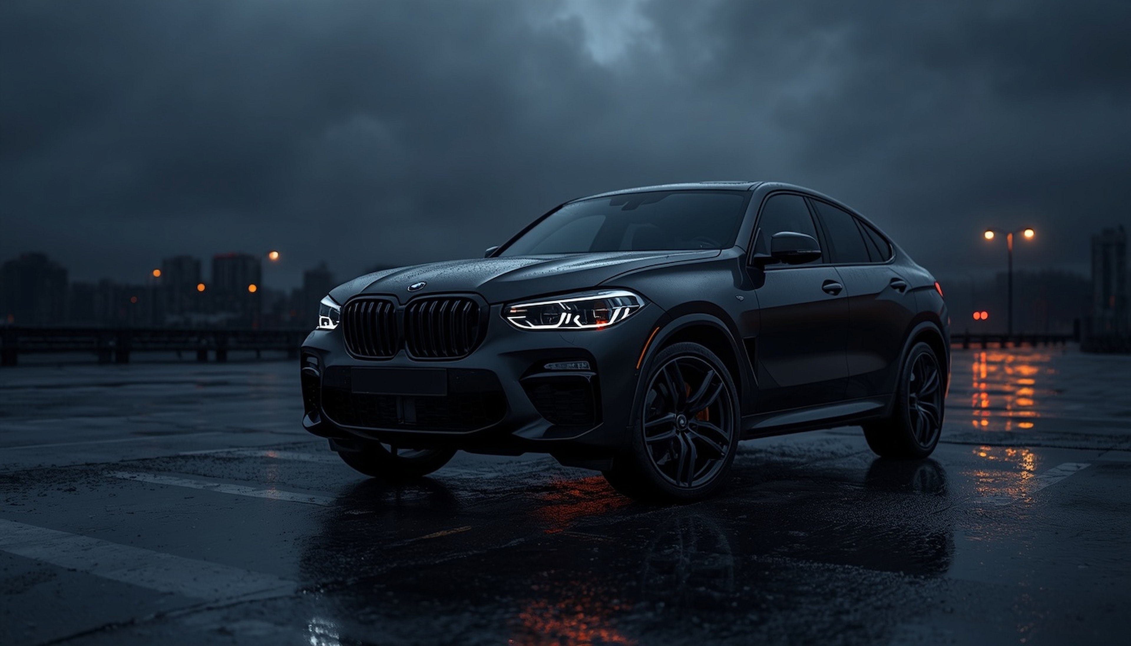 SUV coupé preto premium numa rua urbana ao anoitecer